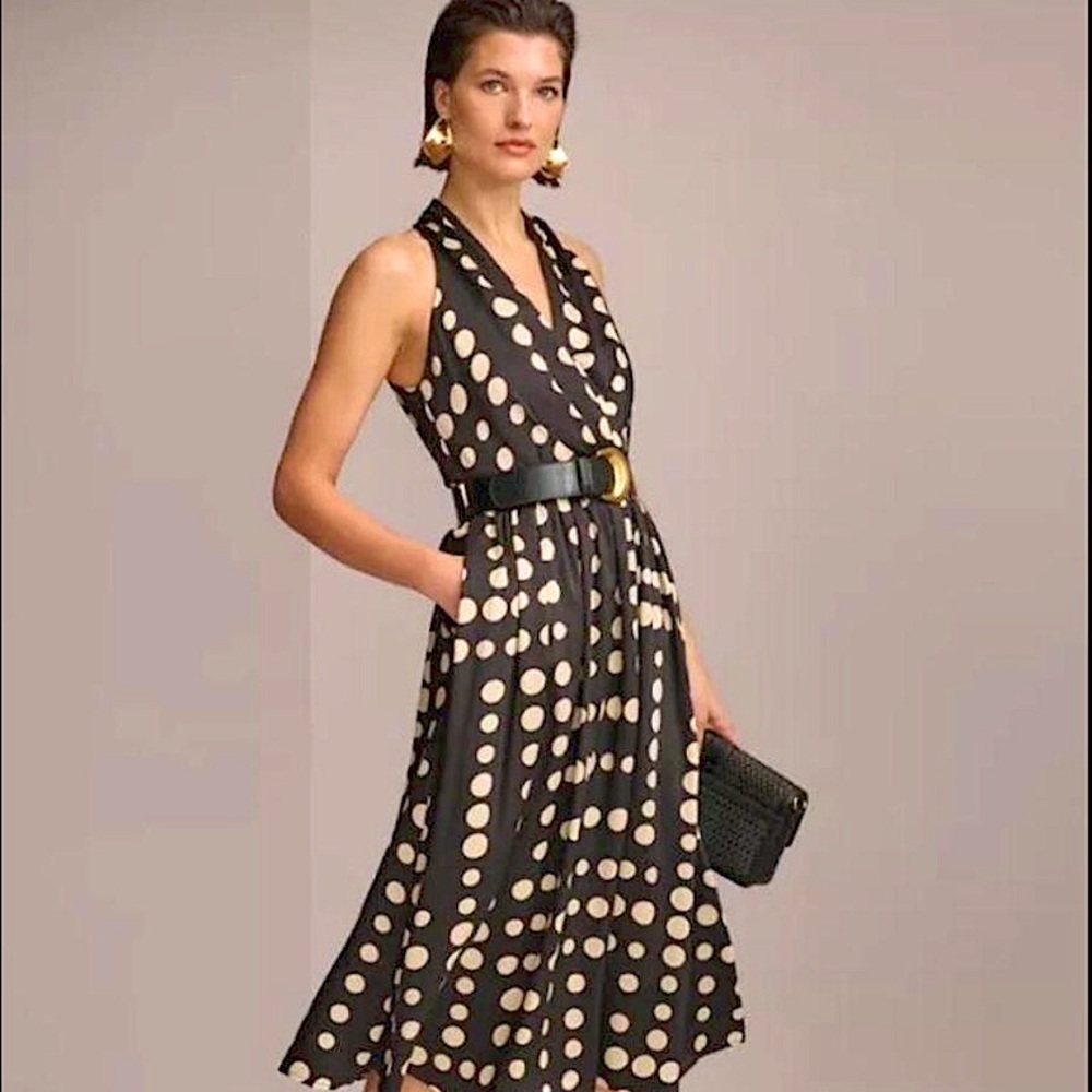 Donna Karan New York Polka Dot V-Neck Belted Halter Midi Dress Size 6